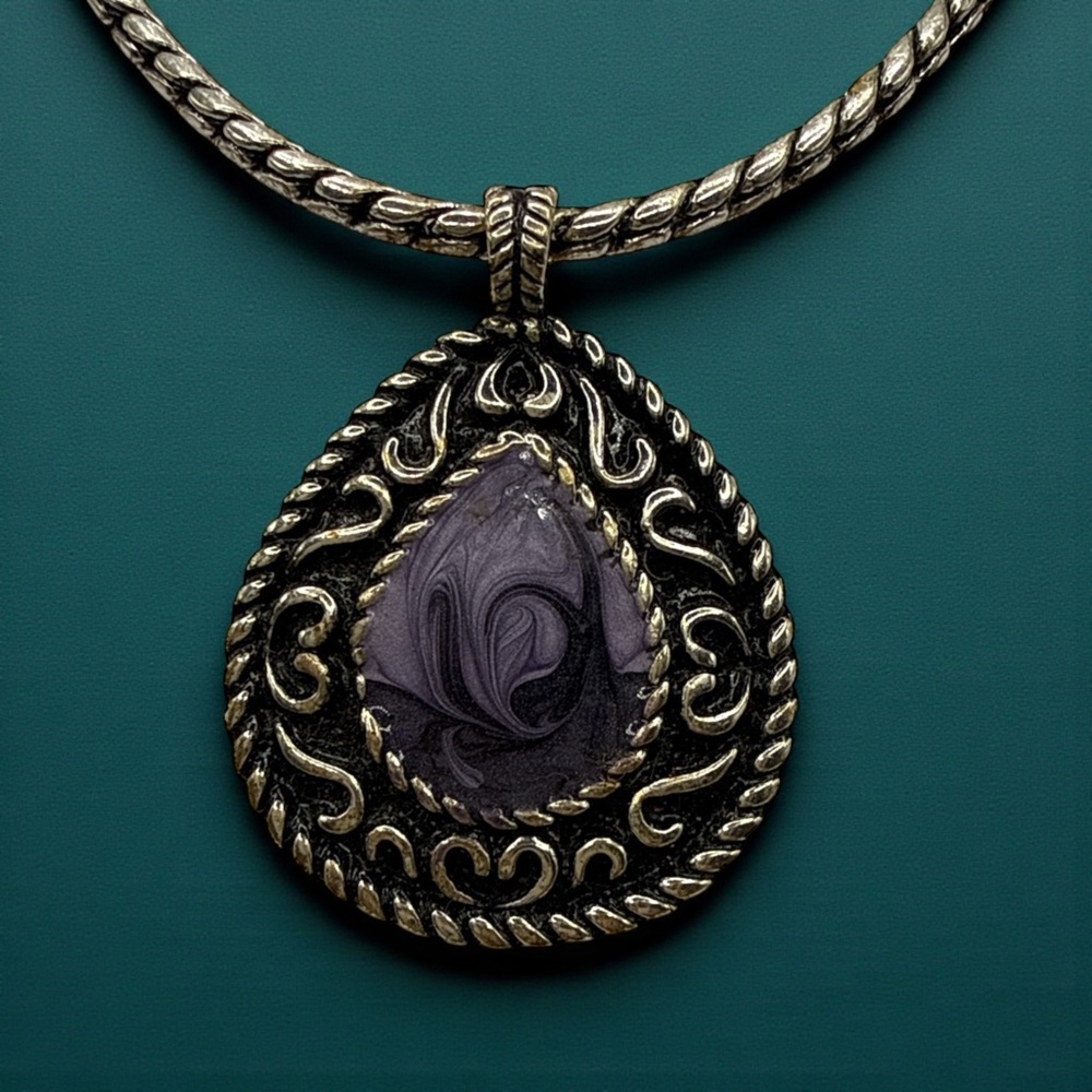 Vintage Silver and Purple Teardrop Necklace